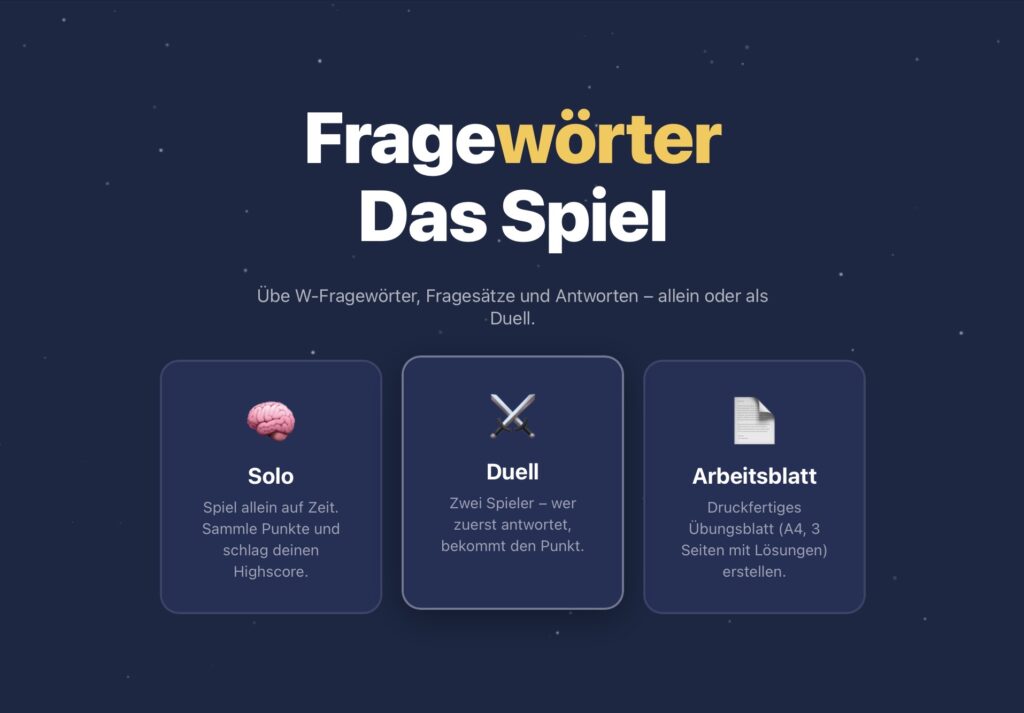 Fragewörter Das Spiel V2 mit Arbeitsblatt-Generator.