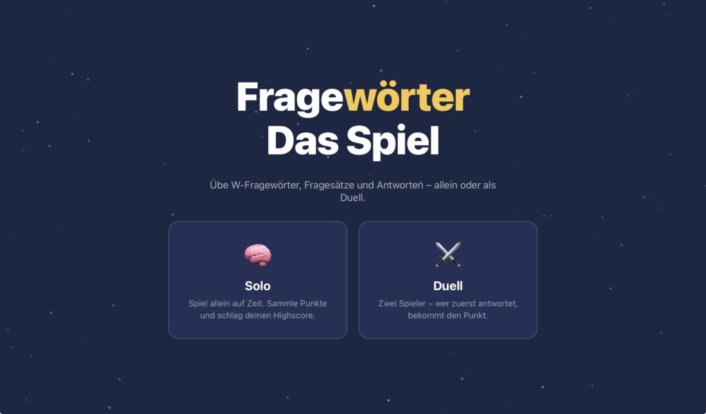 Screenshot des Home-Screen der Version 1 des Fragewoerter-Spiels