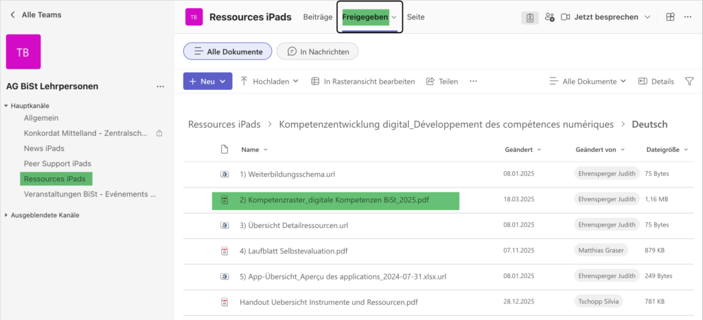 Das Weiterbildungsschema und Kompetenzraster als PDF im Teams-Kanal Ressources iPads > Freigegeben